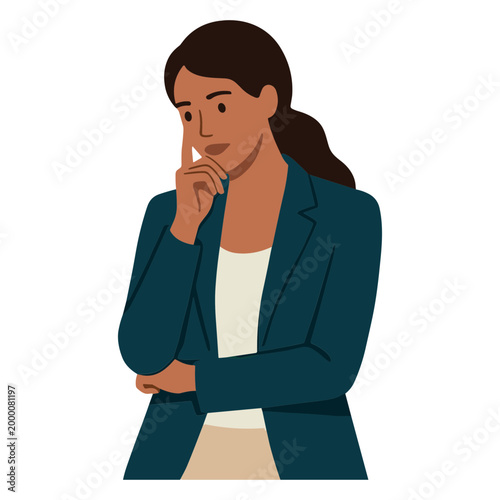 Woman in business attire thinking with hand on chin indoors