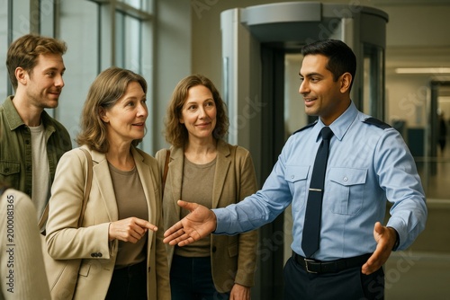 Friendly airport security officer assisting group of travelers near checkpoint gate with natural light background in transport security concept. Ai generative
