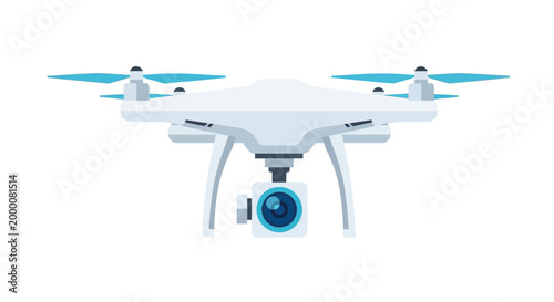 A modern white drone with a camera attached and blue propellers flying in the air