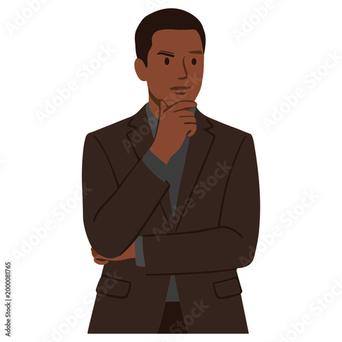 A man in a business suit is thinking with his hand on chin