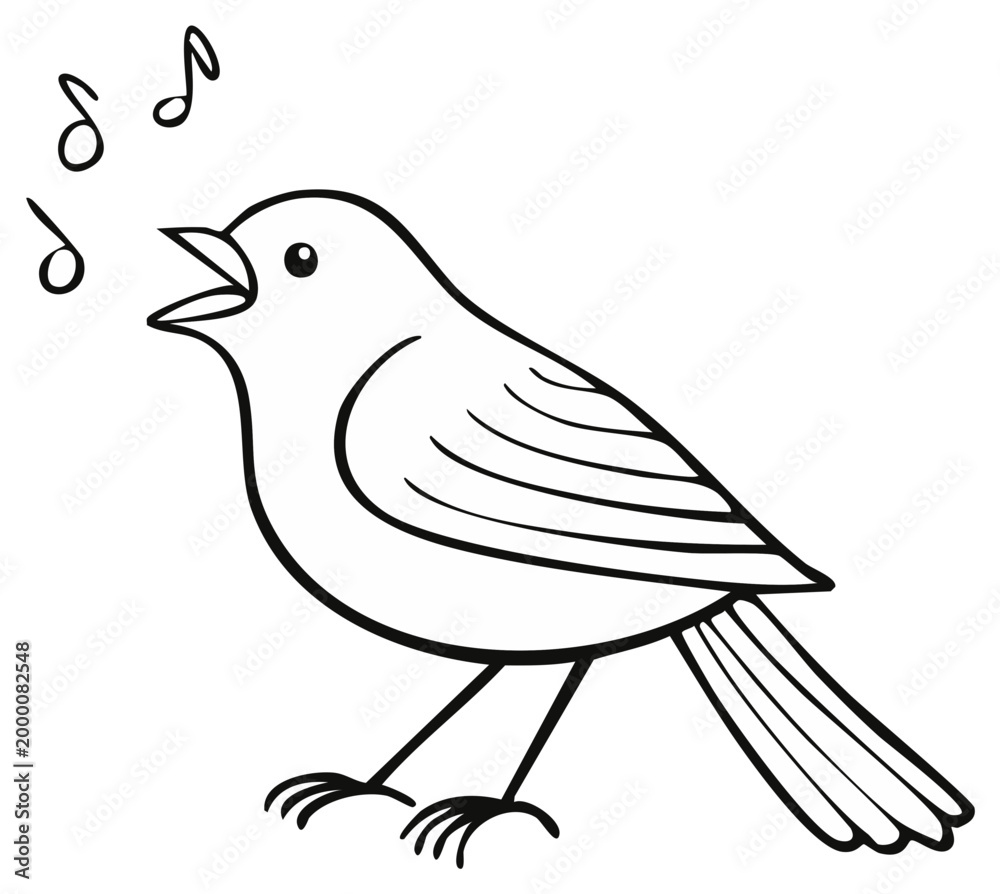 Fototapeta premium Black and white cartoon illustration of a bird singing with musical notes
