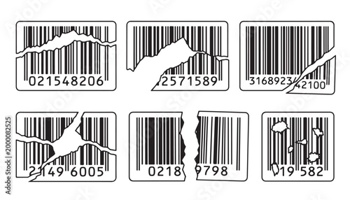Set of six vector illustrations showing various types of damage to barcodes, including tears, rips, and stains.