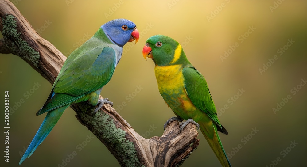 Obraz premium Two Colorful Parrots Perched Together on a Branch in Nature