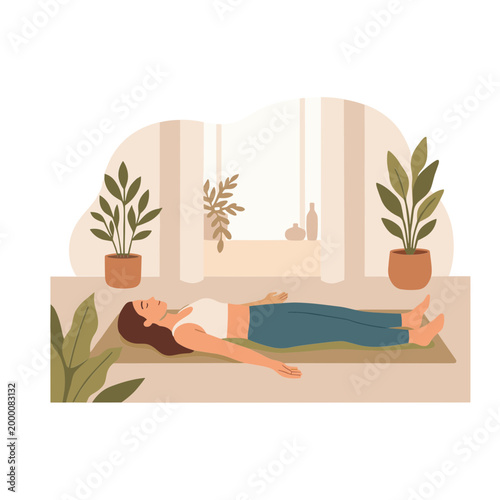 A woman lies on a yoga mat in a serene indoor setting surrounded by plants