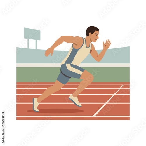 Man running on a track field in a stadium wearing athletic gear