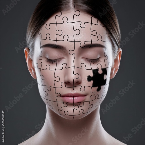 Woman with puzzle pieces integrated into her face in dark background  