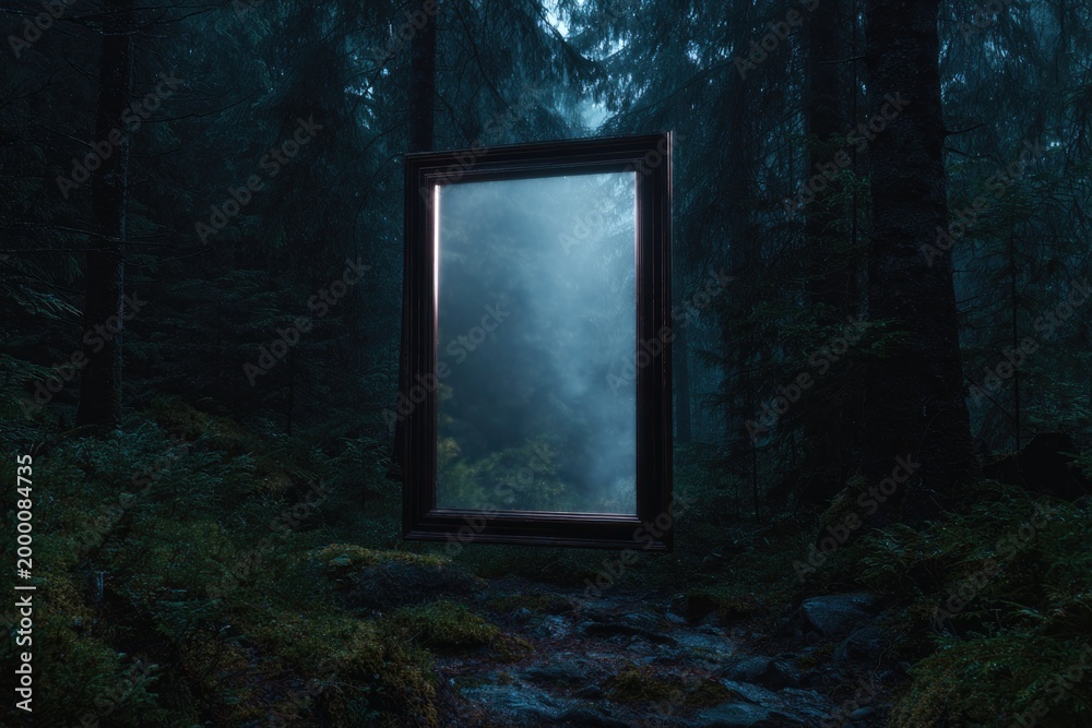 Fototapeta premium Mysterious forest scene featuring floating frame reflecting fogg