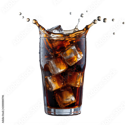 Fresh cola splash in glass with ice cubes isolated on transparent background.