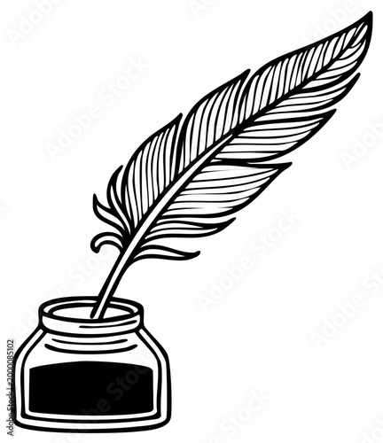 Classic feathered quill pen dipping into inkwell for writing and calligraphy