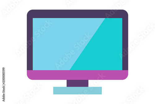 Purple framed computer monitor with blue screen. Flat vector illustration of desktop display. Digital technology and computing device concept for web graphics