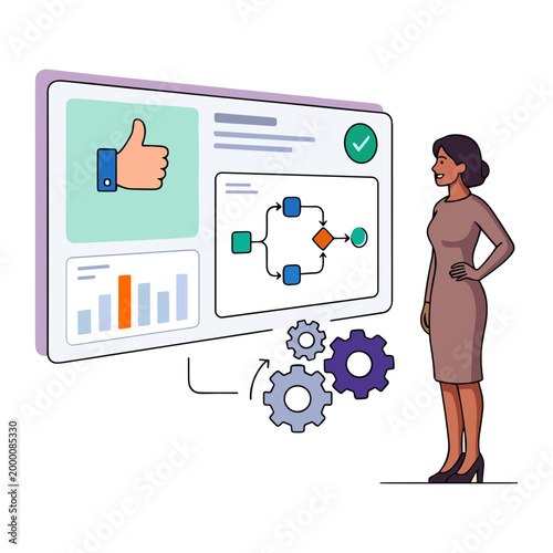 A woman in a dress stands beside a large screen displaying a thumbs up icon and a flowchart with gears underneath.