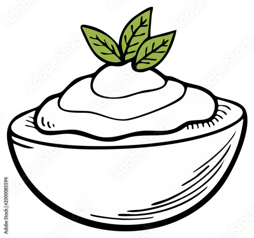 Simple illustration of a bowl filled with creamy dip topped with fresh green leaves and a swirl design