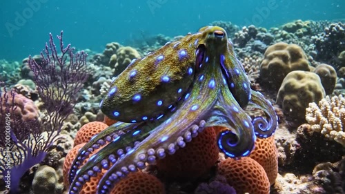 Vibrant Blue-Ringed Octopus in Coral Reef Habitat.
