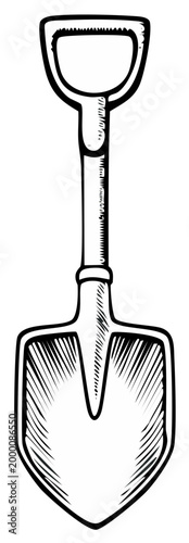 Detailed black and white illustration of a spade digging tool for gardening and construction