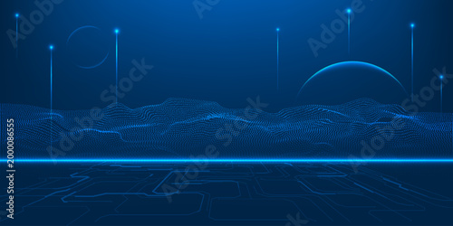 Vector illustrations of digital mesh terrain and hi tech circuit board base with rising up of glowing particles.Abstract technology background.