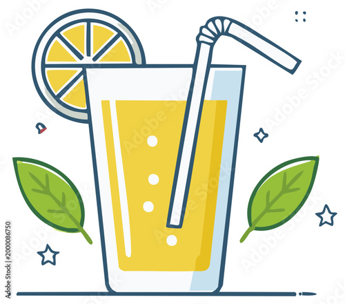 Refreshing yellow lemonade in a tall glass with a straw and lemon slice surrounded by green leaves and stars