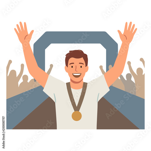 Man with raised hands and gold medal celebrates Sports victory with cheering crowd