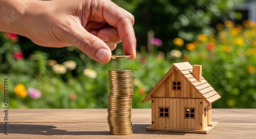 Saving for a house, stack of coins and wooden home model