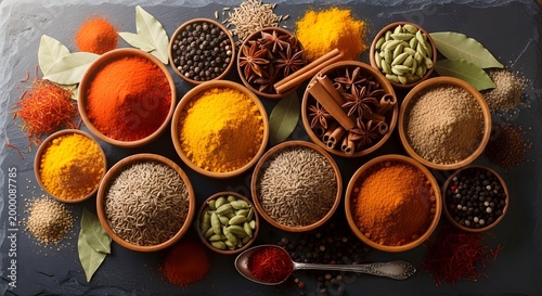 A colorful assortment of healthy Indian spices and herbs like red chili, curry powder, and cinnamon seeds in bowls on a wooden table background for cooking spicy seasoning ingredients