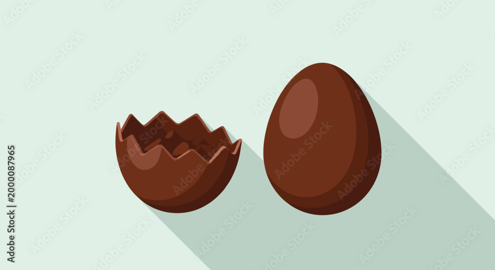 Fototapeta premium Two chocolate Easter eggs, one whole and one cracked open, are depicted with long shadows on a light teal background.