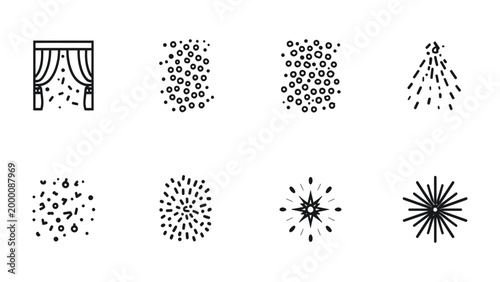 Foto Confetti Burst Icons: A series of minimalist icons depict an array of confetti bursts and curtain in linear style, perfect for adding festive flair to any project