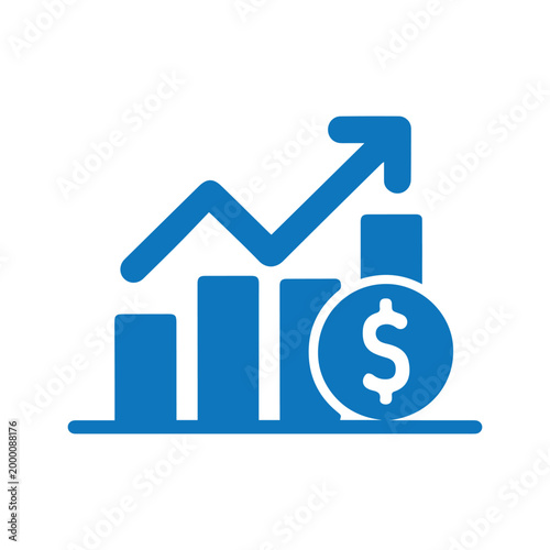 Blue bar chart displaying upward financial trends accompanied by a dollar coin symbol illustrates business expansion and increased profitability.