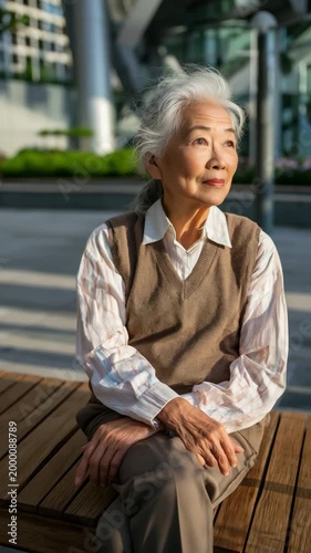 Elderly female asian senior seated on a wooden bench outdoors wearing layered neutral clothing looking contemplative in daylight