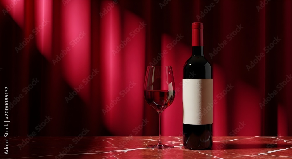 Fototapeta premium Red Wine Bottle and Glass on Marble Surface Against Red Drapes