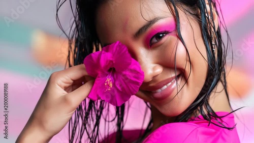Female asian young closeup with pink makeup wet hair holding vibrant flower over one eye dramatic beauty portrait
