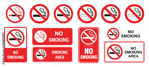 NO Smoking icons set, tobacco restriction symbols with crossed cigarette and prohibition sign for smoke-free indoor and public areas vector illustration.