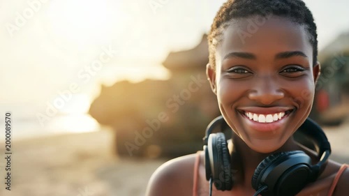 African female young adult headphones portrait on sunlit beach closeup natural beauty gaze warm seaside mood