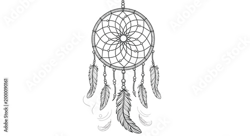 Intricate dreamcatcher with detailed web patterns and many hanging feathers is illustrated in a black and white sketch style.