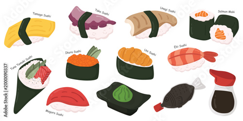 Collection of sushi bar, rolls, sushi and nigiri. Japanese restaurant, Japan food icons