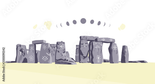 Stylized illustration of the Stonehenge monument with mystical symbols on the rocks and moon phases in the sky above.