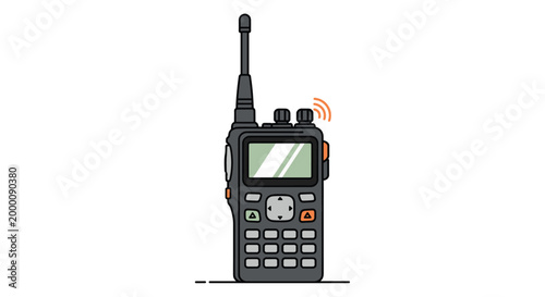 Modern hand-held radio transceiver or walkie-talkie with an antenna and digital display is shown in a vector illustration.
