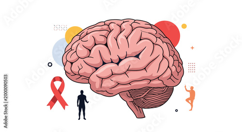 Detailed medical illustration of the human brain is surrounded by abstract icons related to health and movement.
