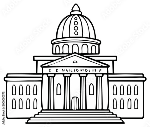 Architectural Illustration of a Government Building with a Domed Roof, Black and White Drawing