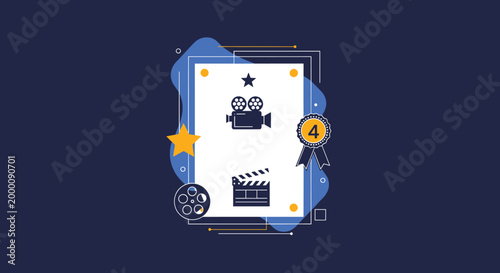 Film award ceremony graphic featuring a camera, clapperboard, stars, and a number four medal on a dark blue background.