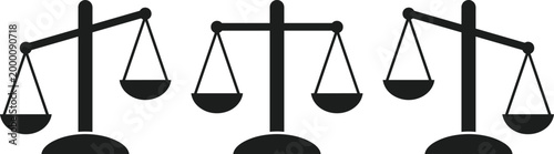 Law scale icons for justice, legal judgment, balance, equality, court, business comparison, decision making, ethics, trial, and fair law.