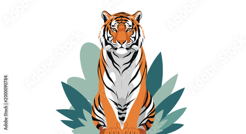 Powerful tiger is shown sitting majestically amidst large green tropical leaves in a clean and colorful illustration style.