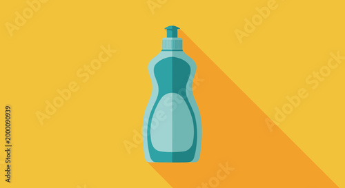 Plastic bottle of liquid dish soap is positioned on a vibrant yellow background with a long shadow in a flat design style.