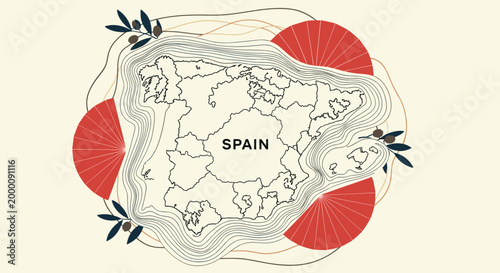 Stylized map of Spain is surrounded by traditional Spanish fans and olive branches on a cream background with artistic lines.