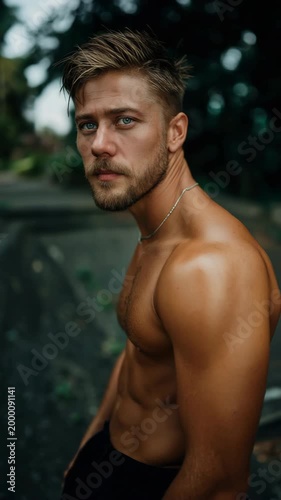 Male caucasian young shirtless closeup side profile portrait with strong shoulder definition outdoor moody background and contemplative look