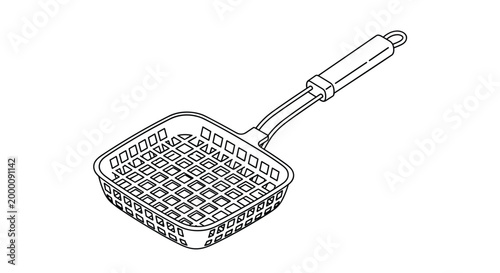 Square wire mesh grill basket with a long handle is designed for grilling small items on a barbecue or open fire.