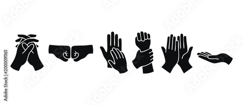 Human Hands Set Gestures Collection, Fist Bump High Five Clapping Prayer Concept, Silhouette Icon Design for Communication and Social Interaction, Vector Graphic Illustrations of Hand Body Language Si