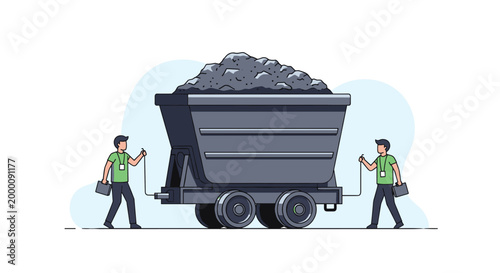 Two mine workers are pulling a heavy industrial mining cart filled with coal or ore along a track in a flat illustration.