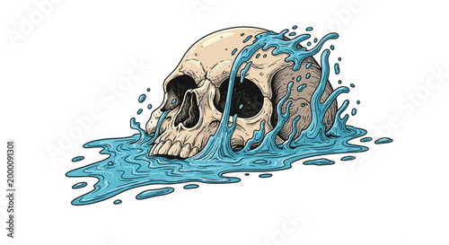 Human skull is partially submerged in splashing blue liquid or water in a detailed artistic illustration with movement.