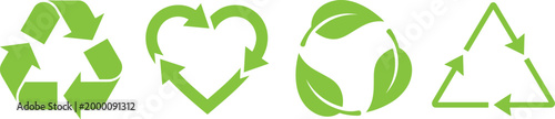 Green recycling symbols for sustainable packaging design, eco friendly concept, environmental protection icons, waste management and circular economy elements.
