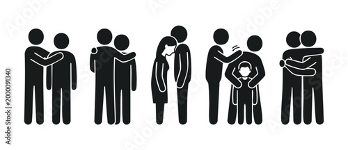 People Hugging Icons Set, Comforting and Empathy Symbols, Supportive Relationships and Human Connection Pictograms for Social Interaction, Caring Gestures and Emotional Support Illustrations in Flat S