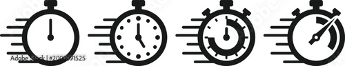 Fast stopwatch icons for speed, express delivery, time management, quick service, performance, countdown, deadline, racing, efficiency and productivity.